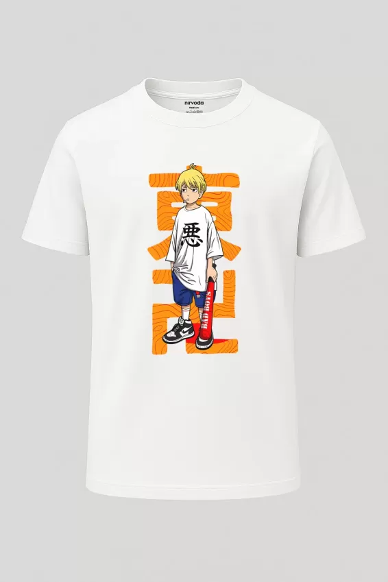 Beyzbol Anime Baskılı Loose Fit Bisiklet Yaka Tişört - Beyaz