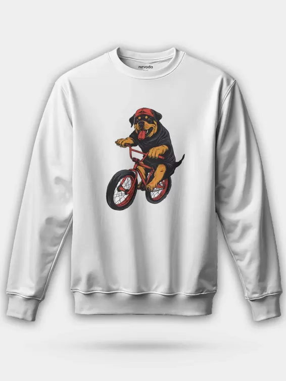 Bisikletli Rottweiler Unisex Regular Sweatshirt - Beyaz
