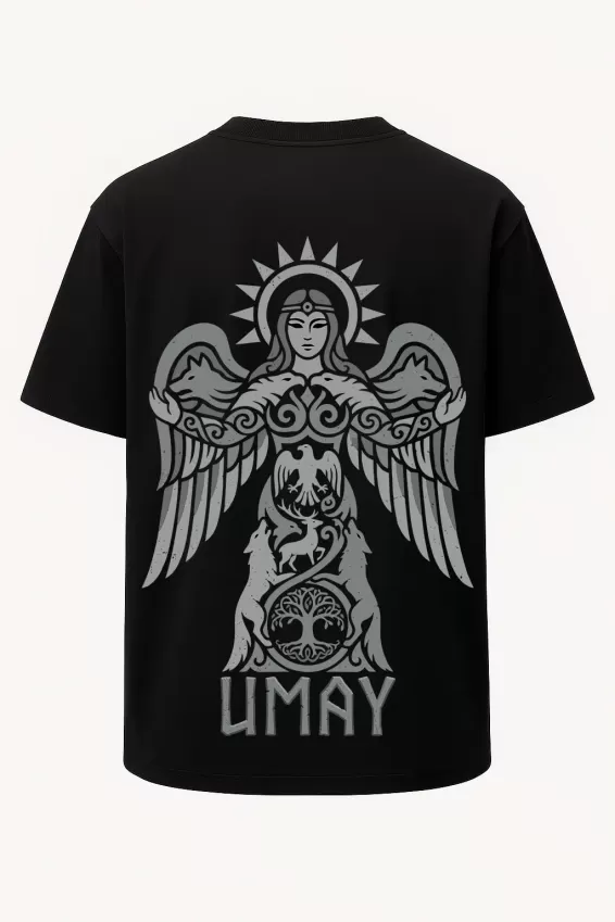 Oversize Umay Ana - Türk Mitolojisi Türk Sembolleri Baskılı Tişört - Büyük Baskı - Geniş Kesim - Siyah