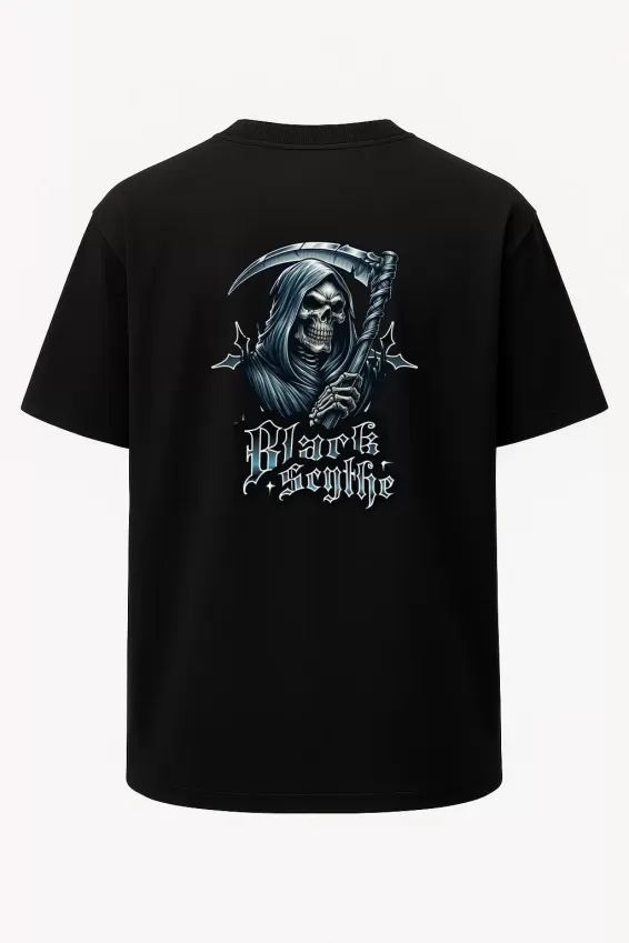 Oversize Black Scythe Kurukafa Cellat Baskılı Unisex Tişört Siyah - Siyah