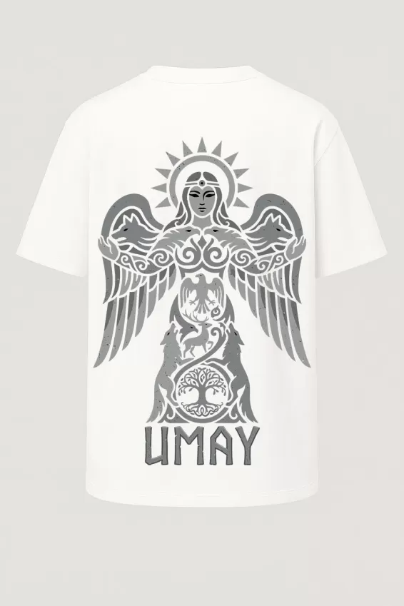 Oversize Umay Ana - Türk Mitolojisi Türk Sembolleri Baskılı Tişört - Büyük Baskı - Geniş Kesim - Beyaz