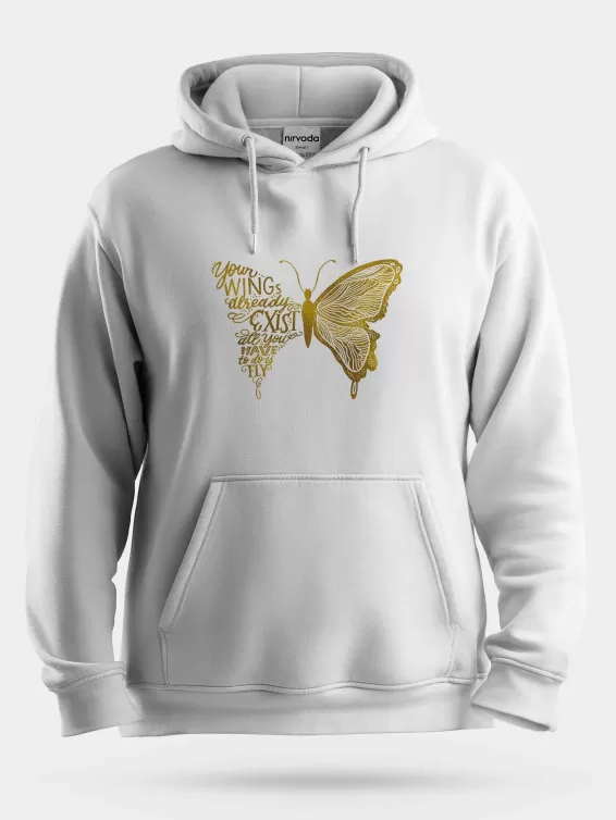 Altın Kelebek Unisex Kapüşonlu Sweatshirt - Beyaz