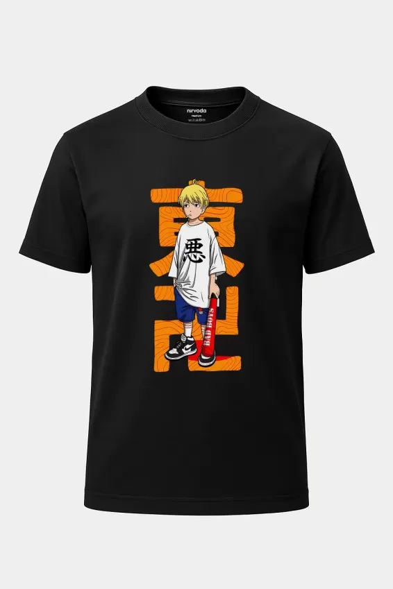 Beyzbol Anime Baskılı Loose Fit Bisiklet Yaka Tişört - Siyah