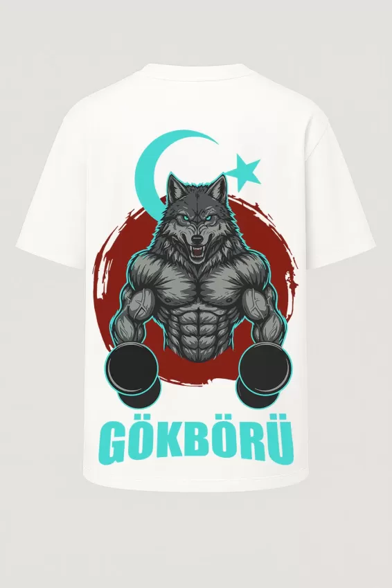 Oversize Gökbörü Ay Yıldızlı Bozkurt Baskılı GYM Fitness Tişört - Büyük Baskı - Geniş Kesim - Beyaz