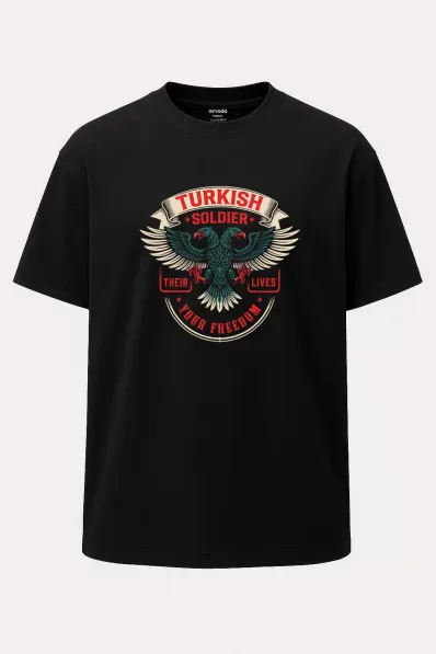 Oversize Turkish Soldier Türk Askeri Selçuklu Kartalı Baskılı Unisex Geniş Kesim Türk Tişört