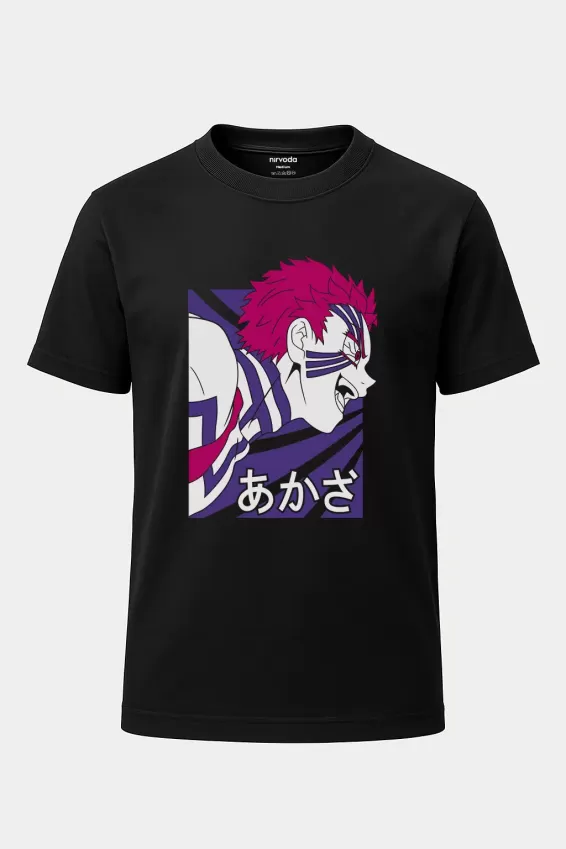 Akaza Demon Slayer Mor Baskılı Loose Fit Bisiklet Yaka Tişört Anime Manga Siyah - Siyah