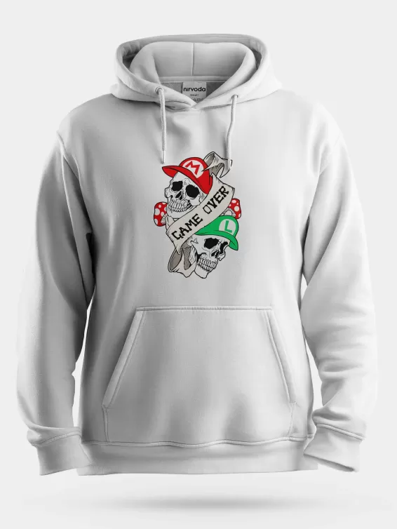 Game Over Kurukafa Unisex Kapüşonlu Sweatshirt - Beyaz