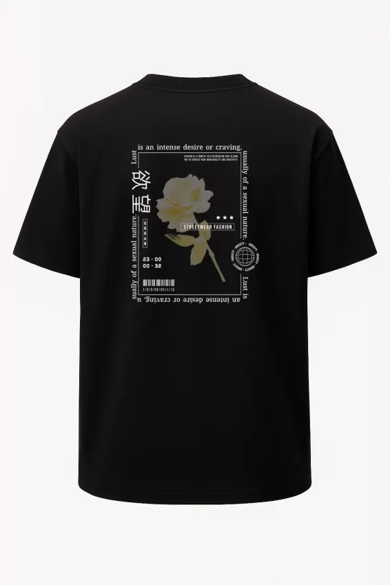 Oversize Beyaz Gül Rose Baskılı Unisex Tişört Siyah - Siyah