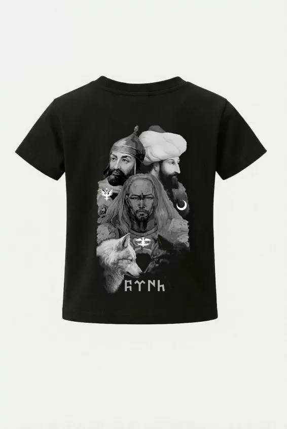 Çocuk Tişört Türk Hükümdarlar 2 - Attila Alparslan ve Fatih Sultan Mehmet Sırt Baskılı Çocuk Tshirt - Siyah