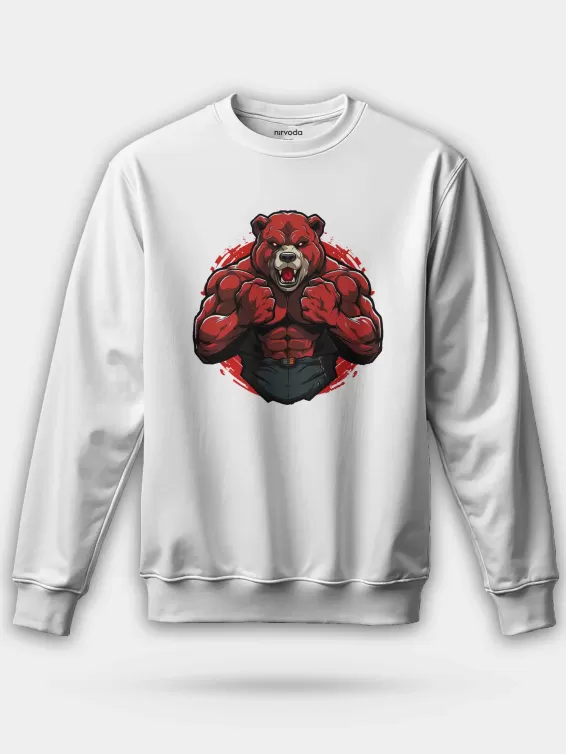 Bodybuilder Kırmızı Ayı Unisex Regular Sweatshirt - Beyaz