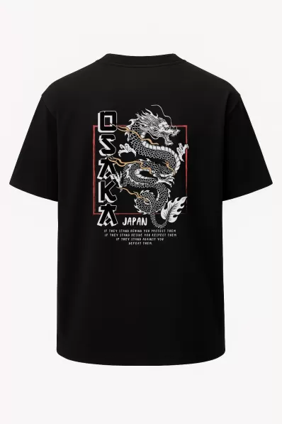 Oversize Osaka Japon Ejderha Baskılı Unisex Tişört Siyah