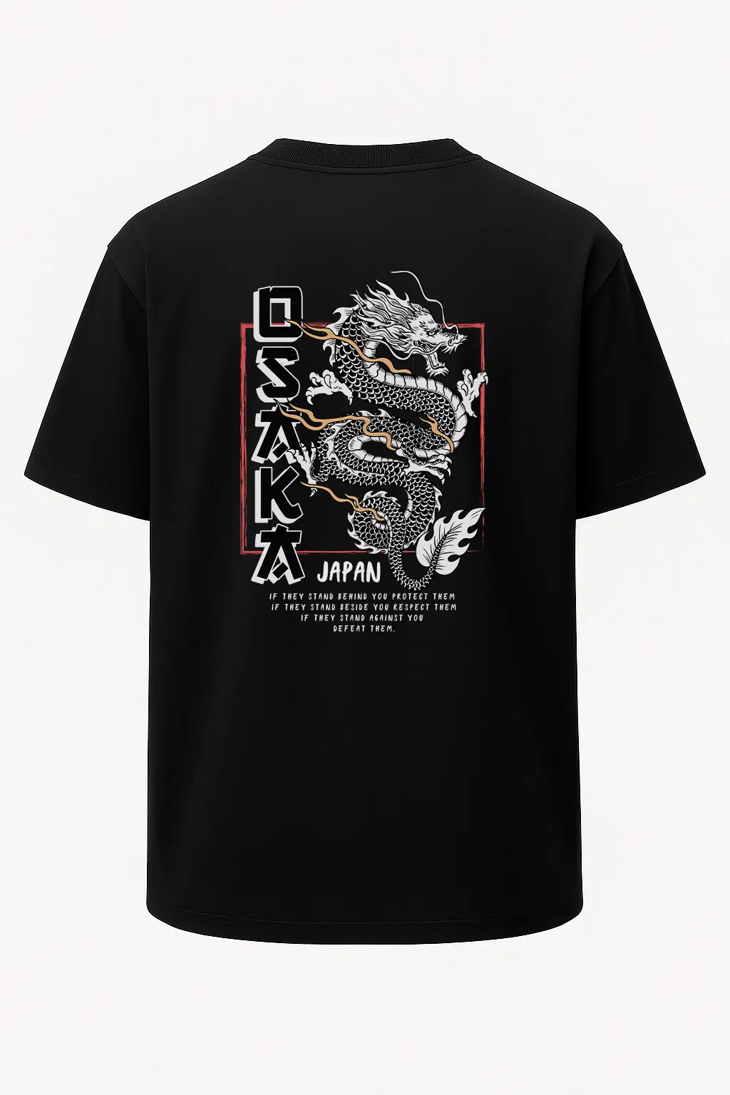 Oversize Osaka Japon Ejderha Baskılı Unisex Tişört Siyah