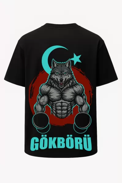 Oversize Gökbörü Ay Yıldızlı Bozkurt Baskılı GYM Fitness Tişört - Büyük Baskı - Geniş Kesim