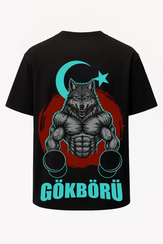 Oversize Gökbörü Ay Yıldızlı Bozkurt Baskılı GYM Fitness Tişört - Büyük Baskı - Geniş Kesim - Siyah