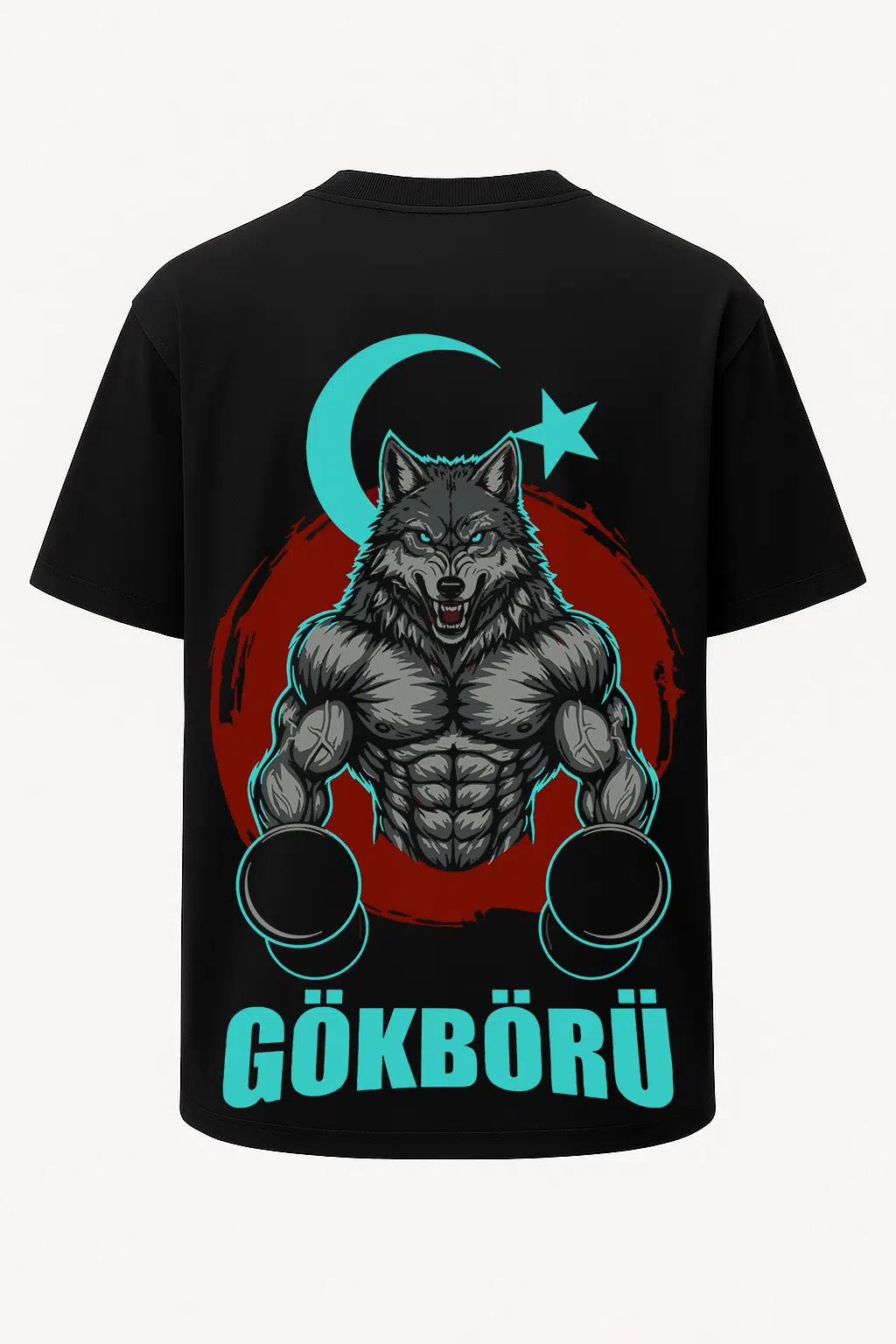 Oversize Gökbörü Ay Yıldızlı Bozkurt Baskılı GYM Fitness Tişört - Büyük Baskı - Geniş Kesim