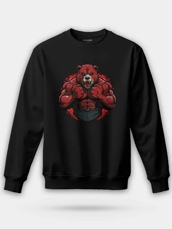 Bodybuilder Kırmızı Ayı Unisex Regular Sweatshirt - Siyah