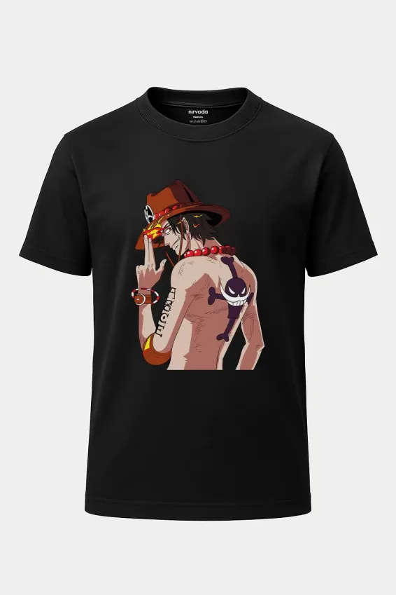 Ace One Piece Baskılı Loose Fit Bisiklet Yaka Tişört Anime Manga - Siyah
