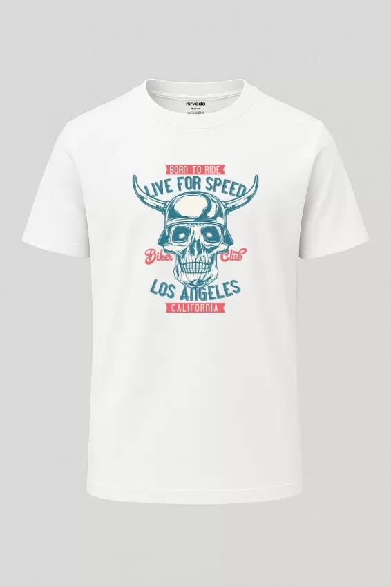 Biker Club Kurukafa Los Angeles California Baskılı Loose Fit Bisiklet Yaka Tişört - Beyaz