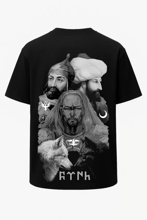 Oversize Türk Hükümdarlar 2 - Attila Alparslan ve Fatih Baskılı Tişört - Büyük Baskı - Geniş Kesim - Siyah