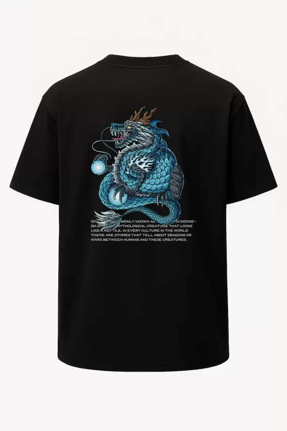 Oversize Blue Dragon Mavi Ejderha Baskılı Unisex Tişört Siyah - Siyah