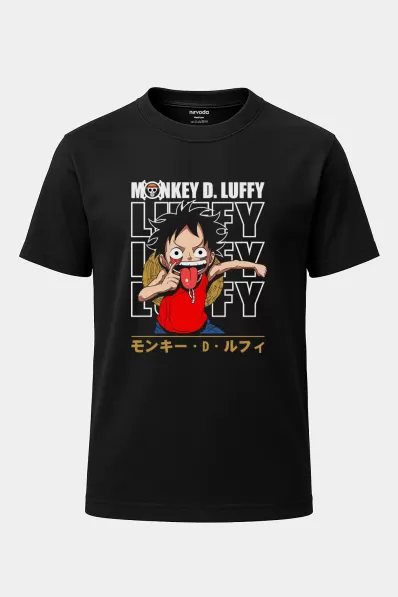 D Luffy One Piece Baskılı Loose Fit Bisiklet Yaka Unisex Tişört Anime Manga Siyah