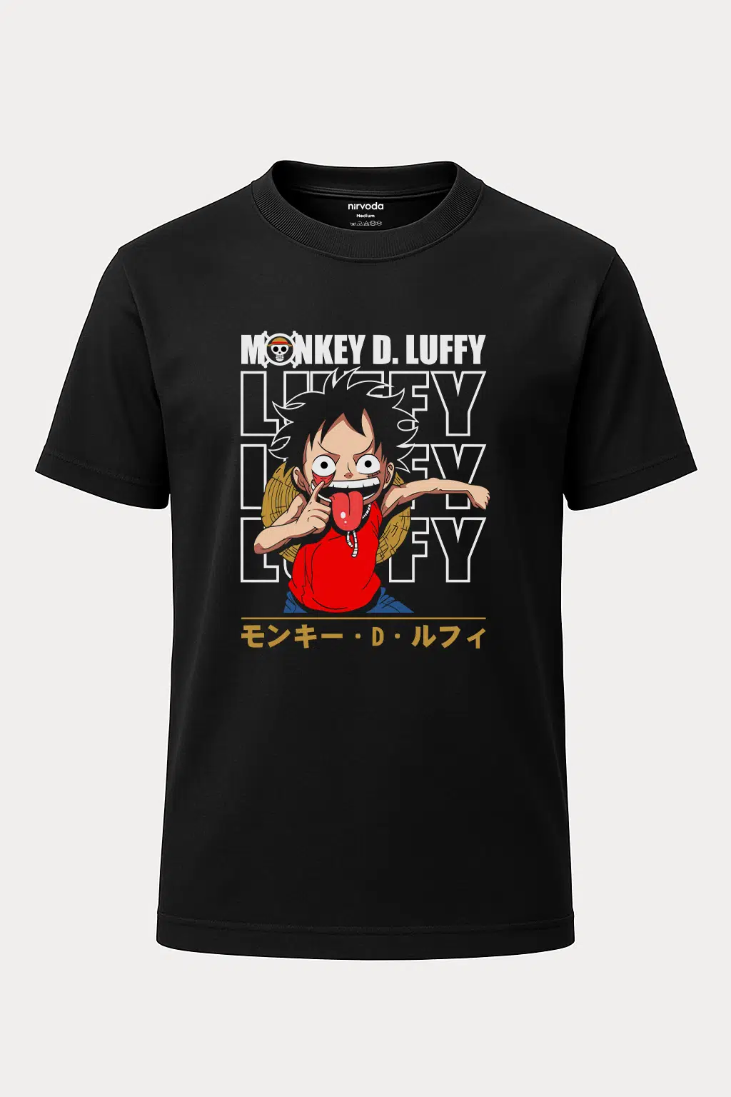 D Luffy One Piece Baskılı Loose Fit Bisiklet Yaka Unisex Tişört Anime Manga Siyah