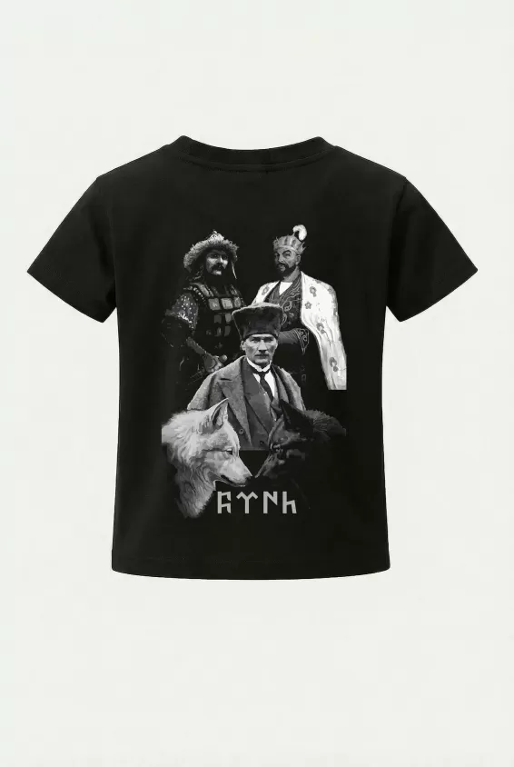 Çocuk Tişört Türk Hükümdarlar Atatürk Timur Metehan Sırt Baskılı Çocuk Tshirt - Siyah