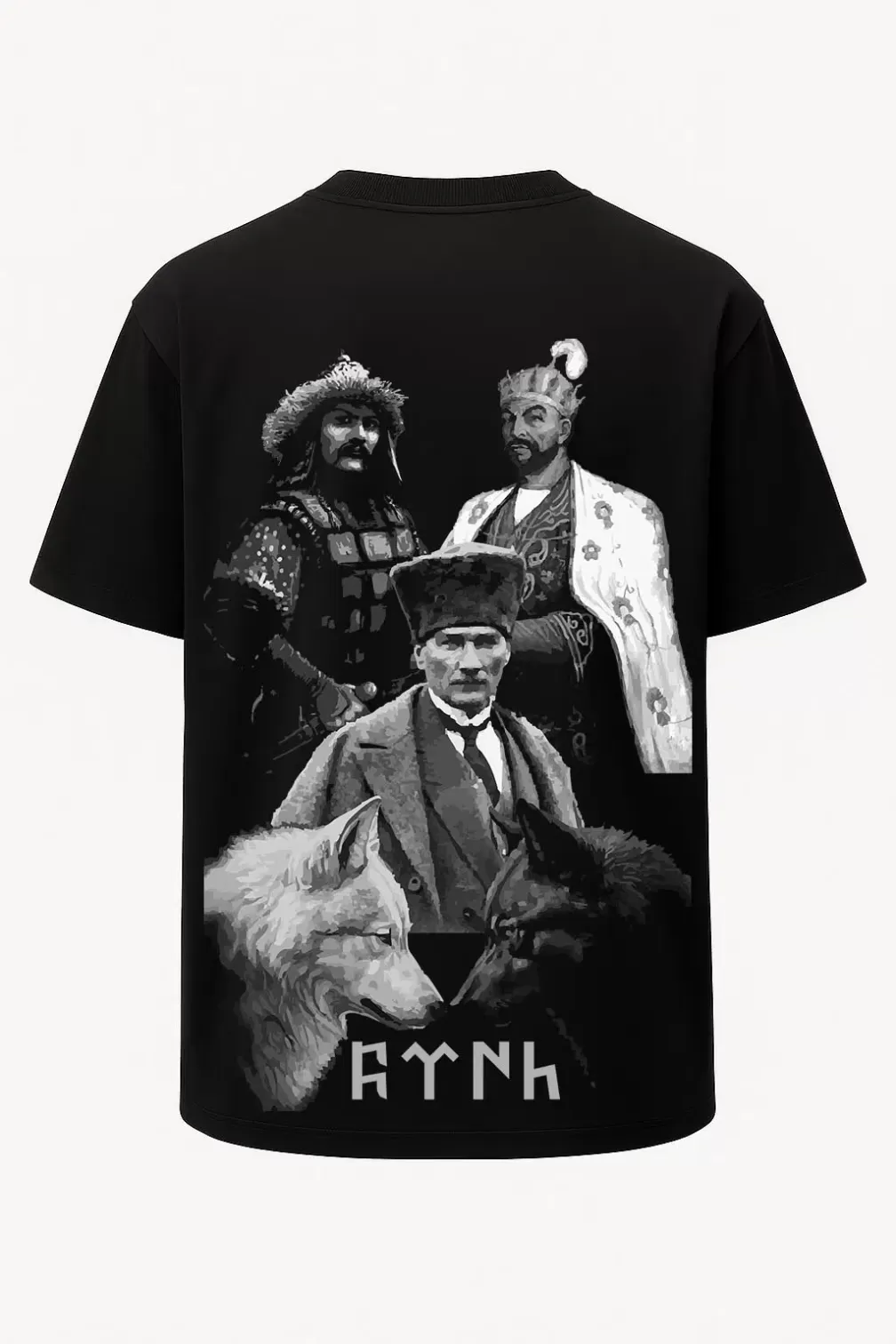 Oversize Türk Hükümdarlar Atatürk Timur Metehan Baskılı Tişört - Büyük Baskı - Geniş Kesim - Siyah