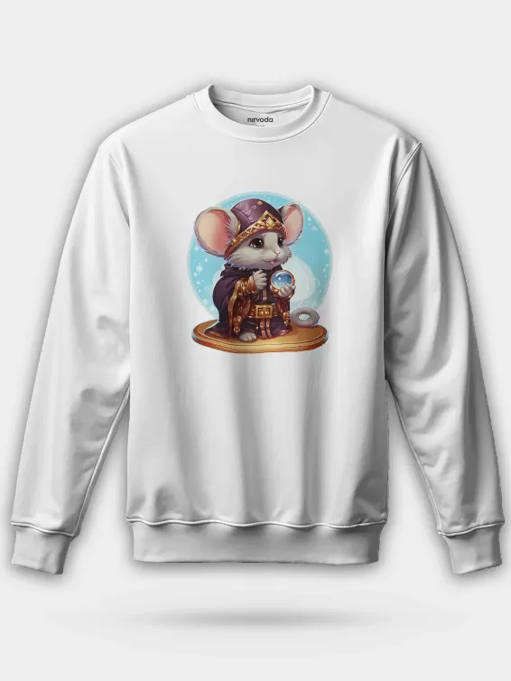 Büyücü Sevimli Fare Unisex Regular Sweatshirt - Beyaz