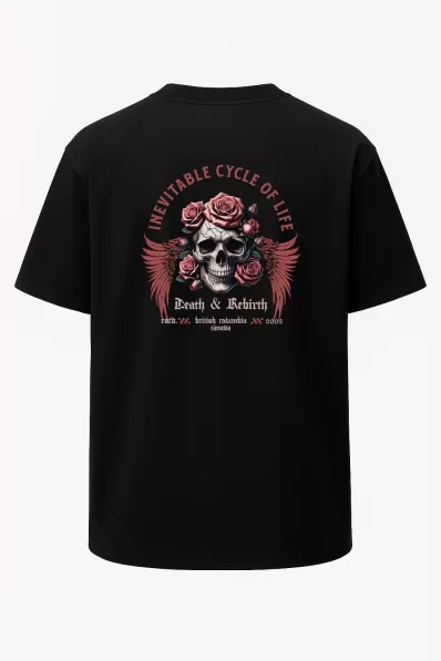 Oversize Death and Rebirth Kurukafa Gül Baskılı Unisex Tişört