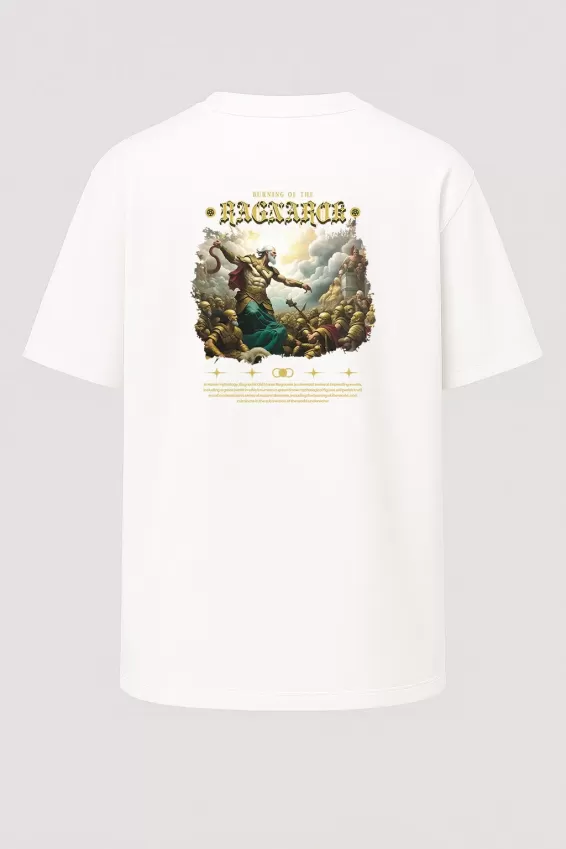 Oversize Burning of the Ragnarok Baskılı Unisex Tişört - Beyaz