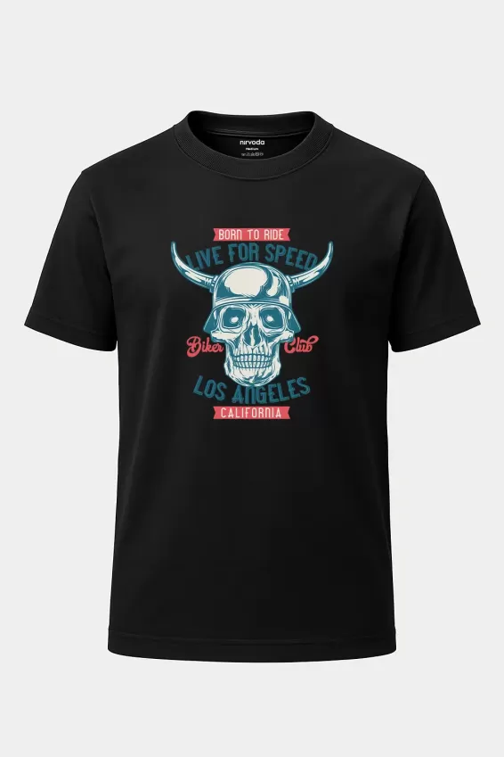 Biker Club Kurukafa Los Angeles California Baskılı Loose Fit Bisiklet Yaka Tişört - Siyah