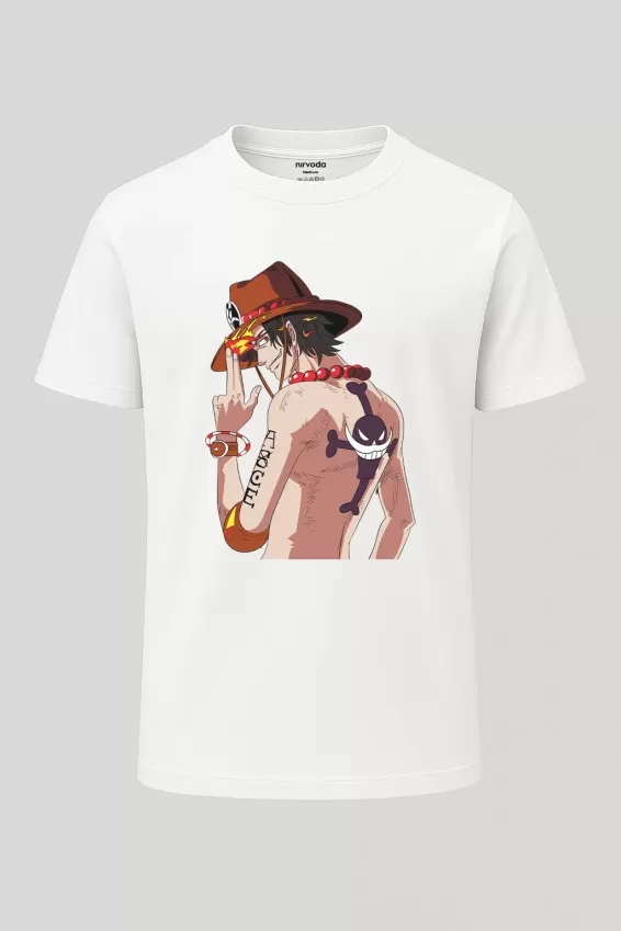 Ace One Piece Baskılı Loose Fit Bisiklet Yaka Tişört Anime Manga - Beyaz