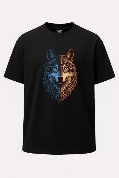 Oversize İki Öz Model Yer ve Gök Temalı Bozkurt Baskılı Unisex Geniş Kesim Tişört