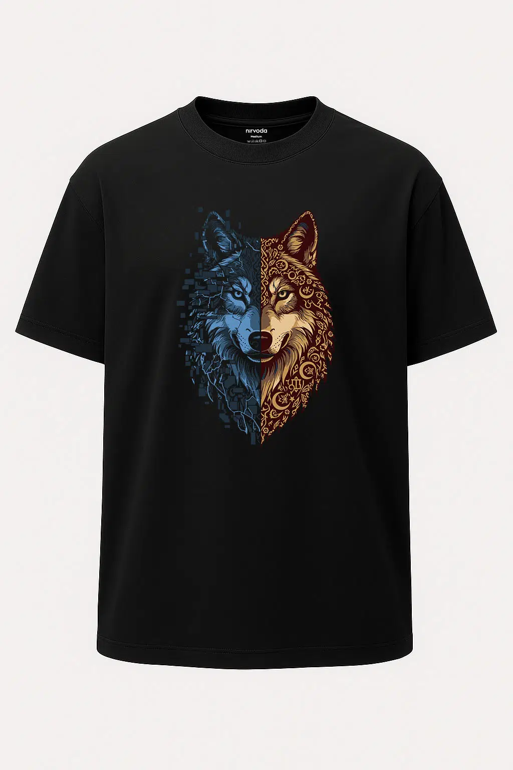 Oversize İki Öz Model Yer ve Gök Temalı Bozkurt Baskılı Unisex Geniş Kesim Tişört