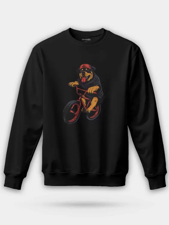 Bisikletli Rottweiler Unisex Regular Sweatshirt - Siyah