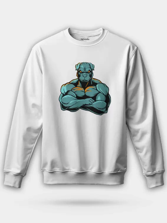 Bodybuilder Kaslı Köpek Unisex Regular Sweatshirt - Beyaz