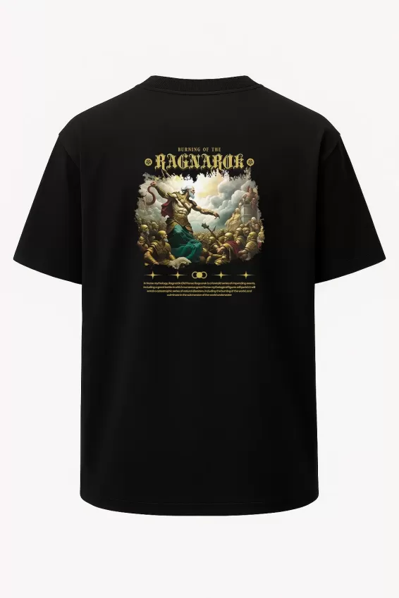 Oversize Burning of the Ragnarok Baskılı Unisex Tişört - Siyah