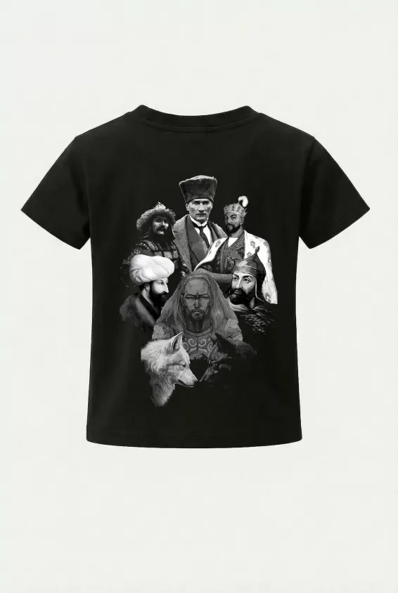 Çocuk Tişört Türk Hükümdar - Türkün Liderleri Sırt Baskılı Çocuk Tshirt - Siyah